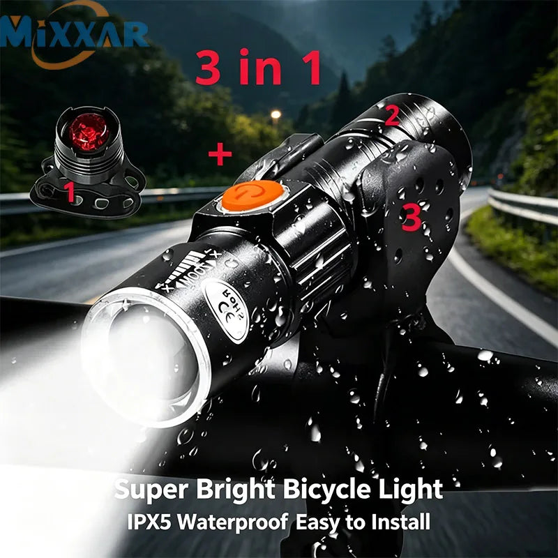 ZK30 3 In1 8000 Lumen Bike Bicycle Light USB Rechargeable LED Waterproof Super Bright Zoom Headlight Rear Light MTB Bike Light